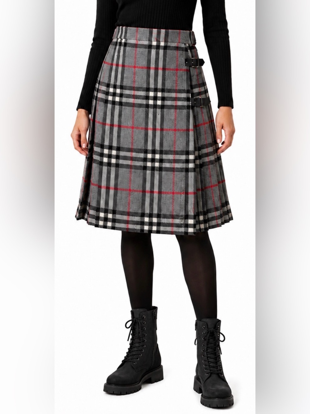 Vintage Aston Kilt Wool Plaid Skirt Gray Grey Red Preppy Fall Classic Equestrian